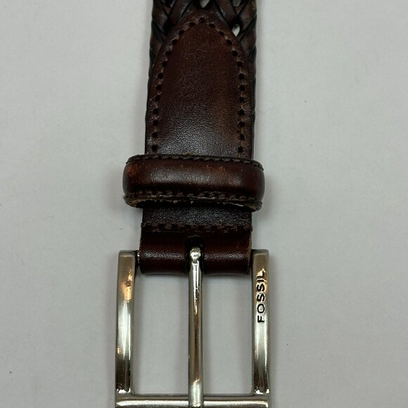 Fossil Men’s Myles Braided Leather Belt Cognac 42 | 30mm Silver Buckl - Picture 5 of 10